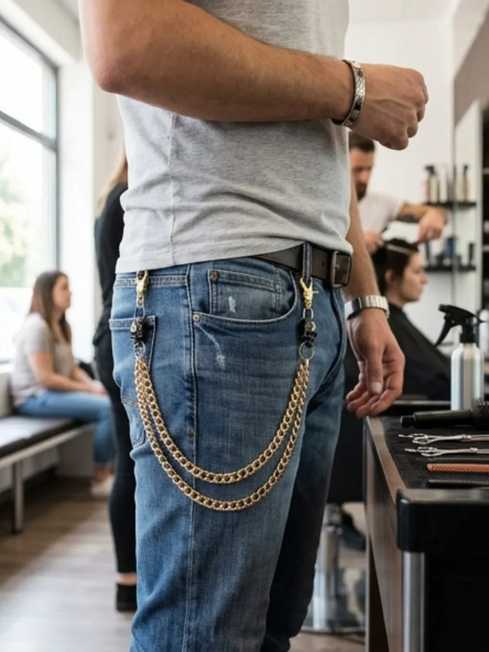 NEW Men Gold Metal Wallet Jeans Chains KeyChain Biker 2 Strands Pewter Skulls